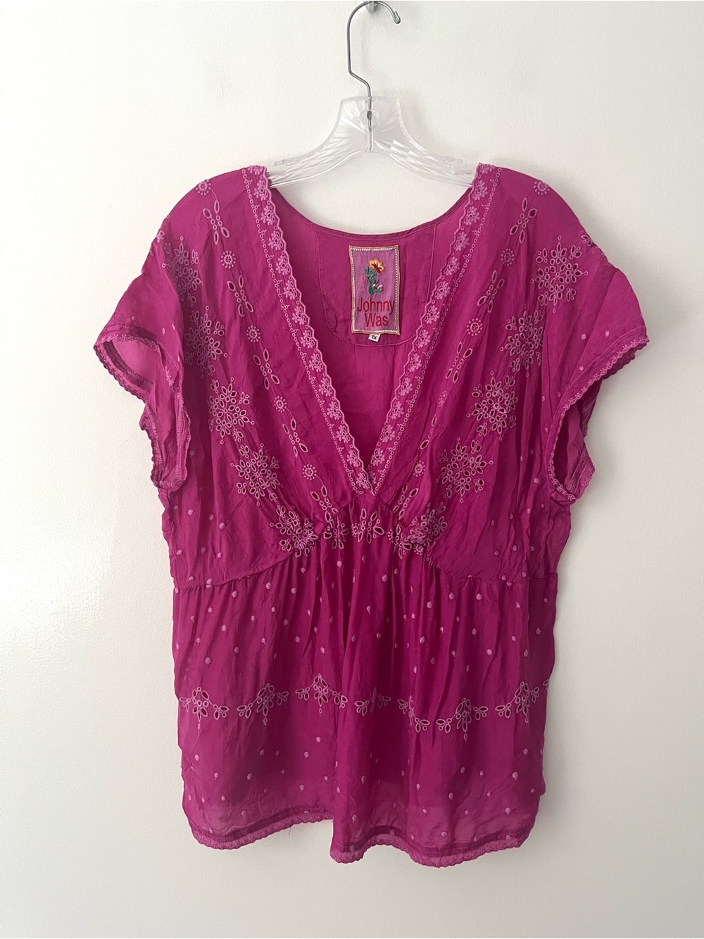 Johnny Was Embroidered V Neck Babydoll Top Blouse Pink 1X